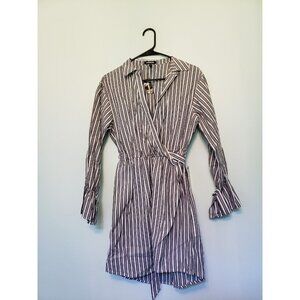 Express Women XS Faux Wrap Mini Dress Long Sleeve Stripe Gray V Neck  Cotton NWT